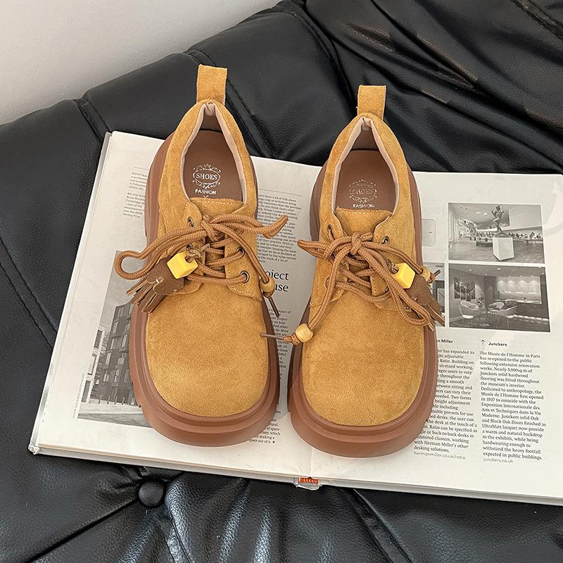 

Retro fashion casual lace-up Mary Jane shoes beaded versatile big head shoes autumn and winter outer thick heel loafers single shoes 35 жовтий