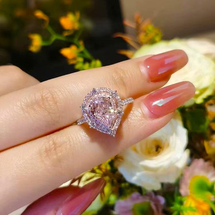 New Luxury Pink Water Drop Lad Diamond Ring Romantic    Open Engagement Valentine'S Day Jewelry Gifts
