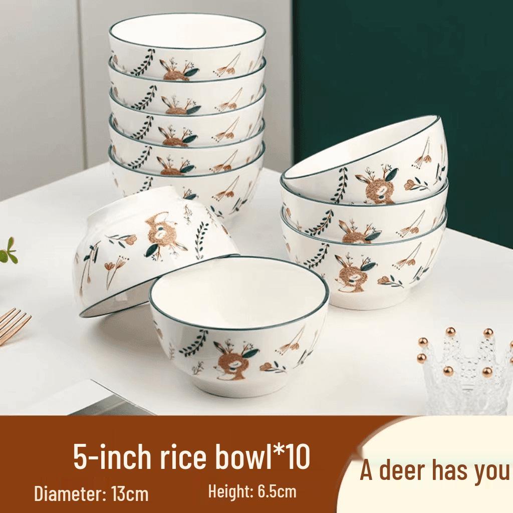 Peace and Joy 10-Piece Glazed Ceramic Rice and Noodle Bowl Set, 5-Inch