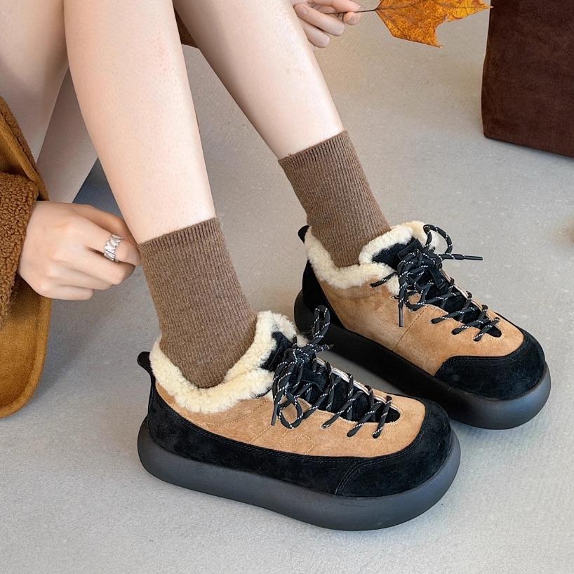 Leather color matching lace-up platform bread shoes women's 2025 winter inner warm snow boots outdoor casual cotton shoes tide