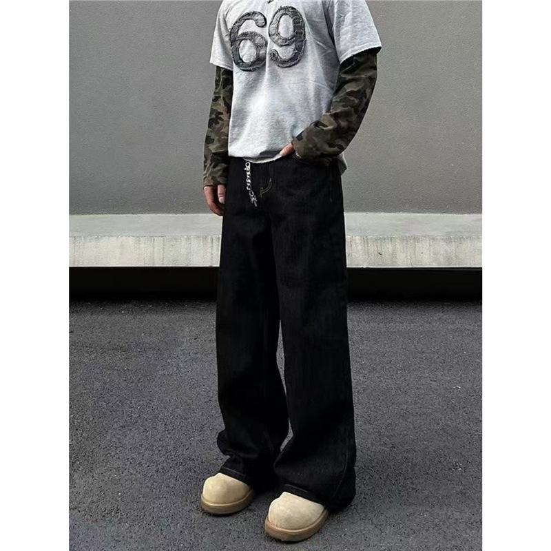 American new high street black three-dimensional tailoring jeans men and women loose and slightly straight wide-leg mopping pants tide