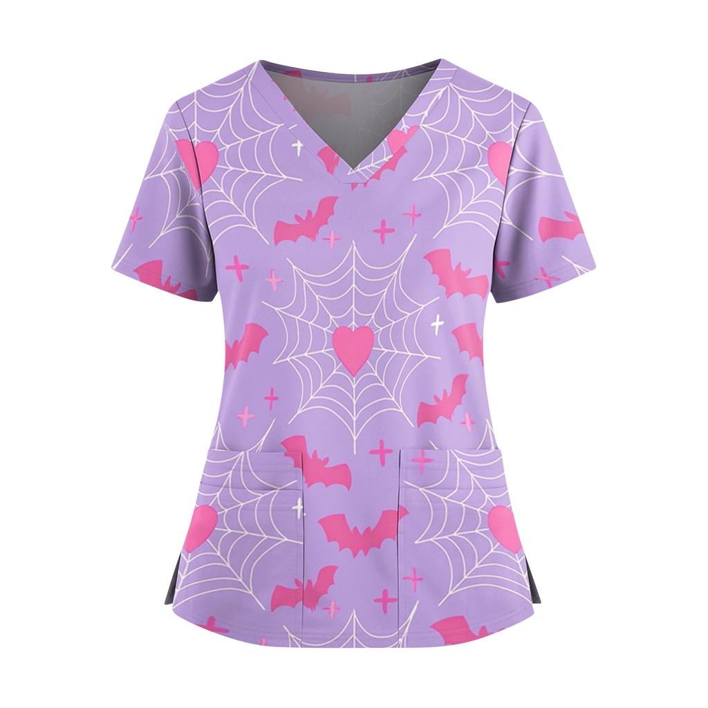 Women's V Neck Casual Halloween Print Top for Caregivers Short Sleeve Comfortable Fit Lightweight Fabric Workwear