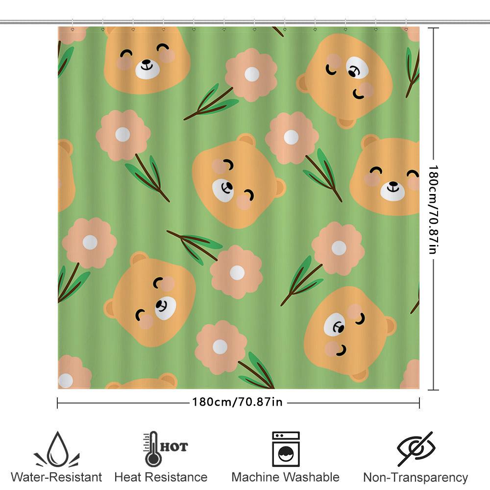 Green Shower Curtain With Cute Animal Print For Bathroom Decor Unisex Home Textile Accessories In Pink Floral Design