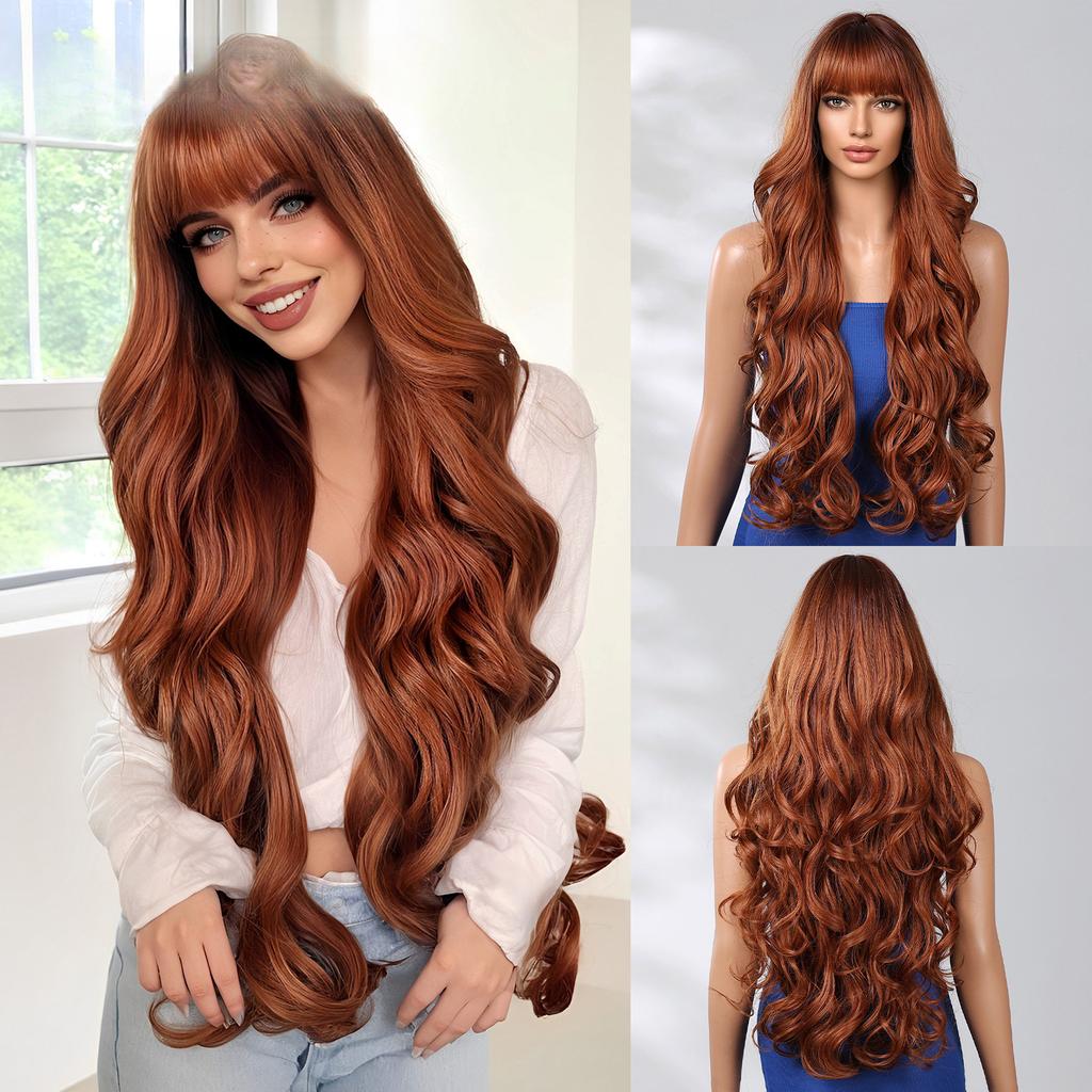 New Women'S Bangs Dark Brown Big Wave Fashion Long Curly Hair Wig Full Hair Wigs