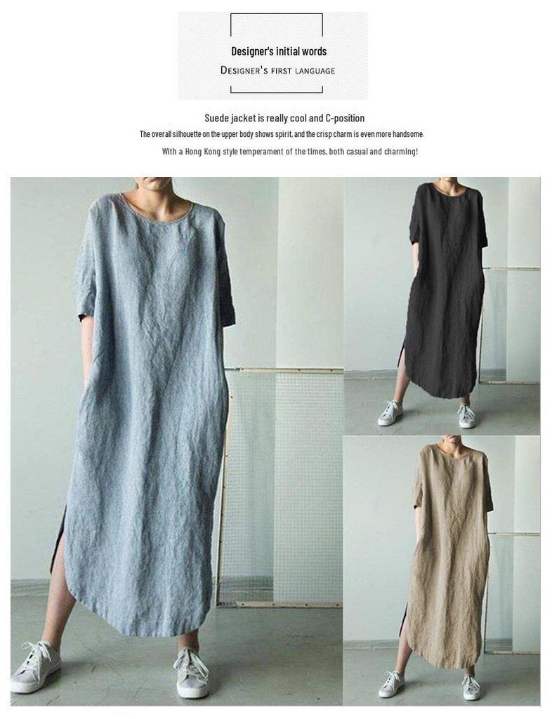 2024 Solid Color Crew Neck Side Slit Mid-Calf Dress with Short Sleeves