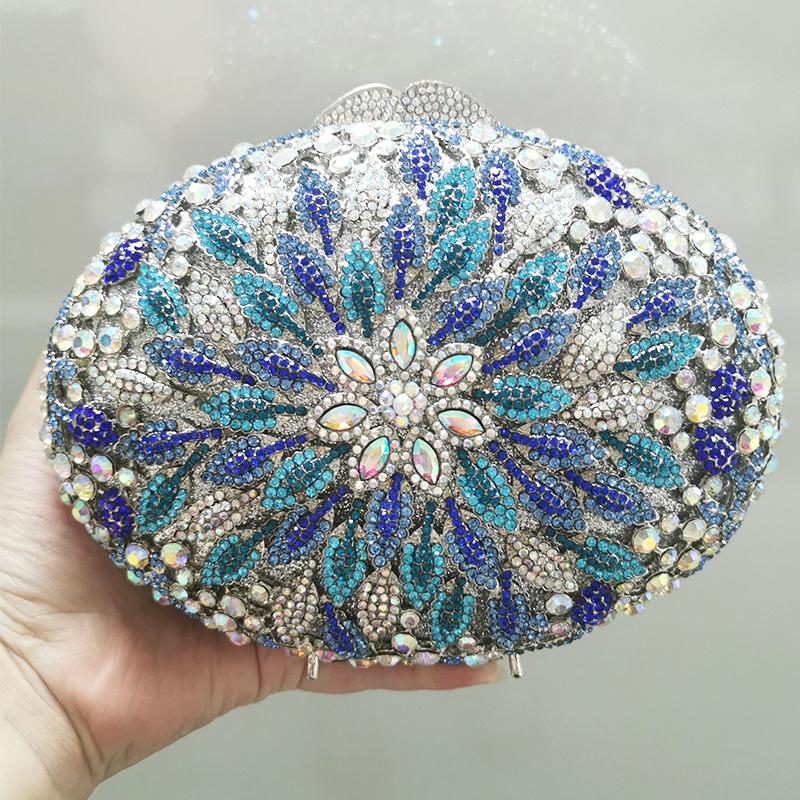 WHTUOHENG Blue Crystal Flower Clutch Handbag for Women Rhinestone Embellished Diamond Oval Shape Evening Bag Wedding Party Purse