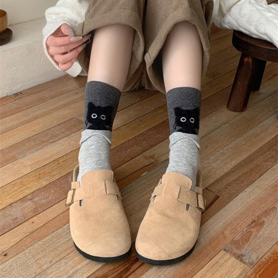 1 Pair Cartoon Cat Socks Autumn Winter Moisture Wicking Knitted Mid-calf Stretch Men Women