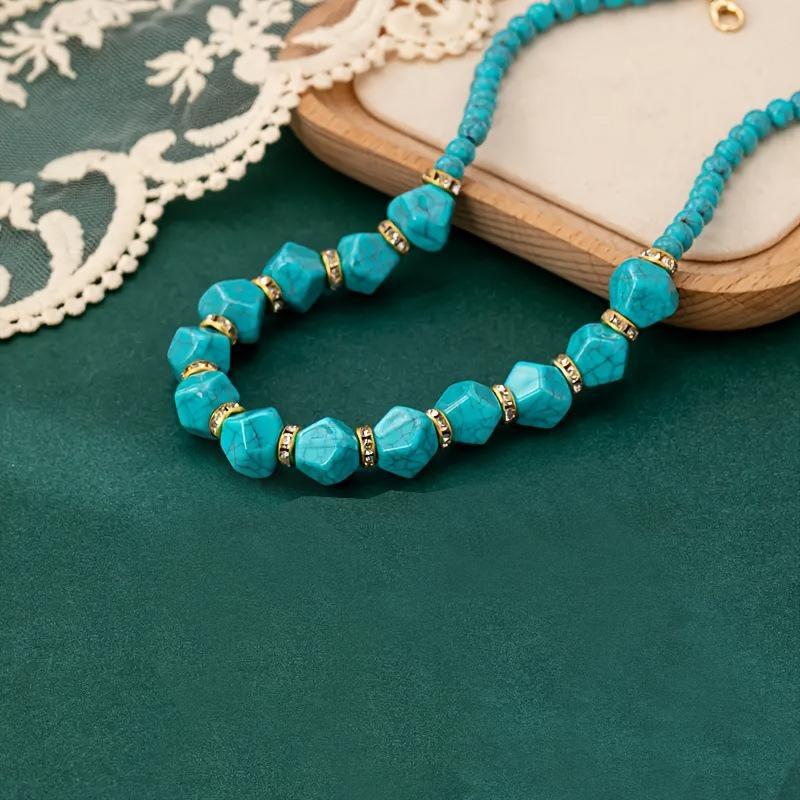 Bohemian Blue Turquoise Rice Bead Bracelet, Elegant Gift Bracelet Necklace Set