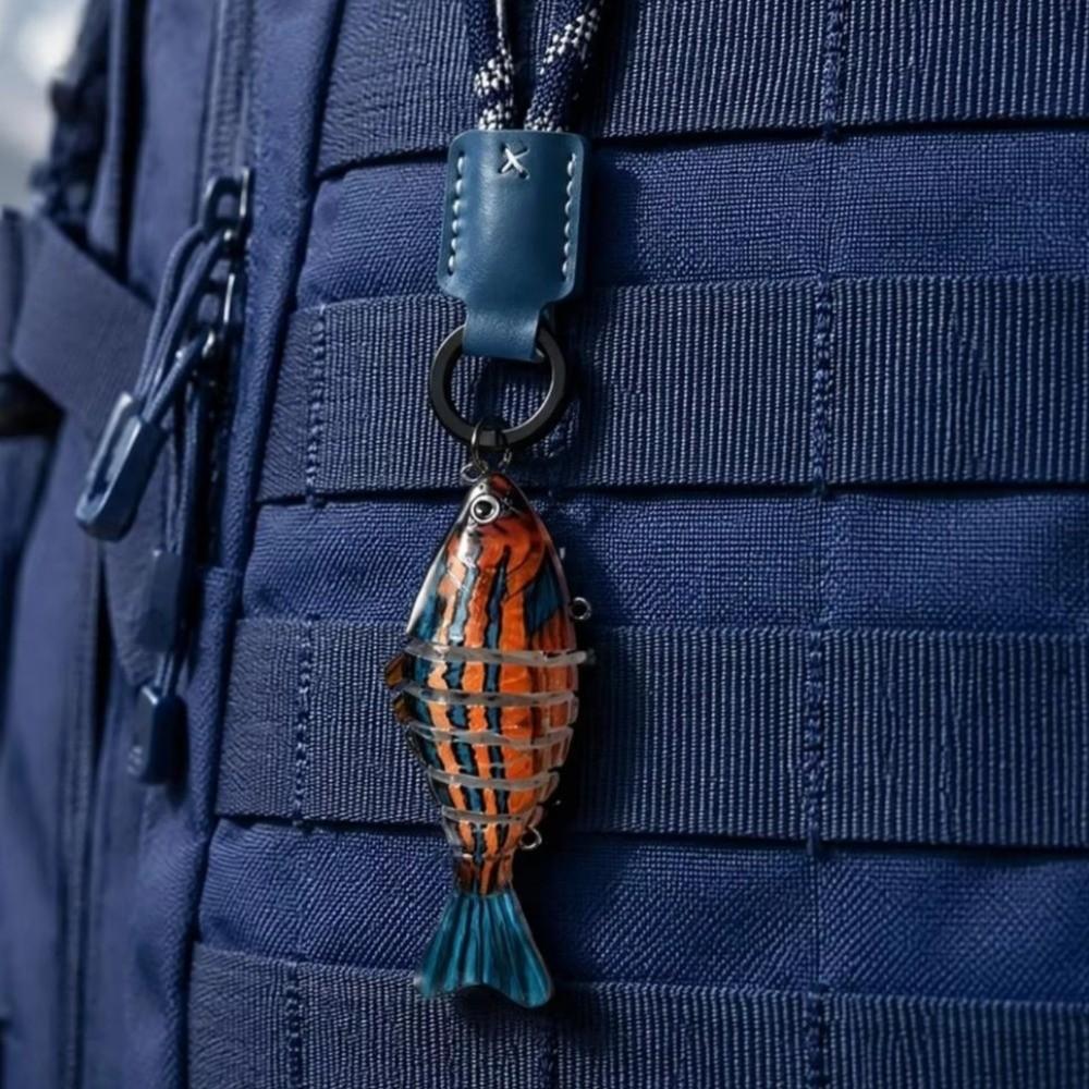 Novelty Multi-jointed Fish Keychain Hand-wrapped Leather Wooded Keyring  Backpack Decor