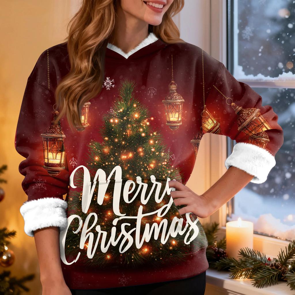 Women's Casual Fashion Plus Velvet Thickened Christmas Print Hooded Sweatshirt