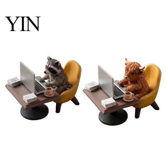 Fun Gifts for Colleagues Highland Cow/Raccoon Office Theme Ornament, Miniature Animal Desktop Decoration with Realistic Workplace Stress Relief Laptop