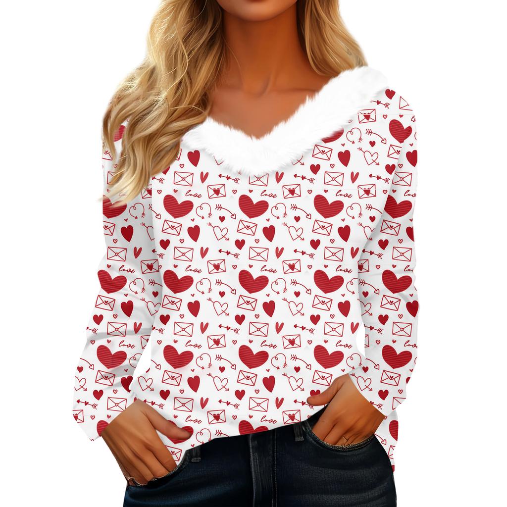 Women's Valentine's Day Printed Long-Sleeved Shirt, V-Neck, Casual Loose-Fitting T-Shirt Top