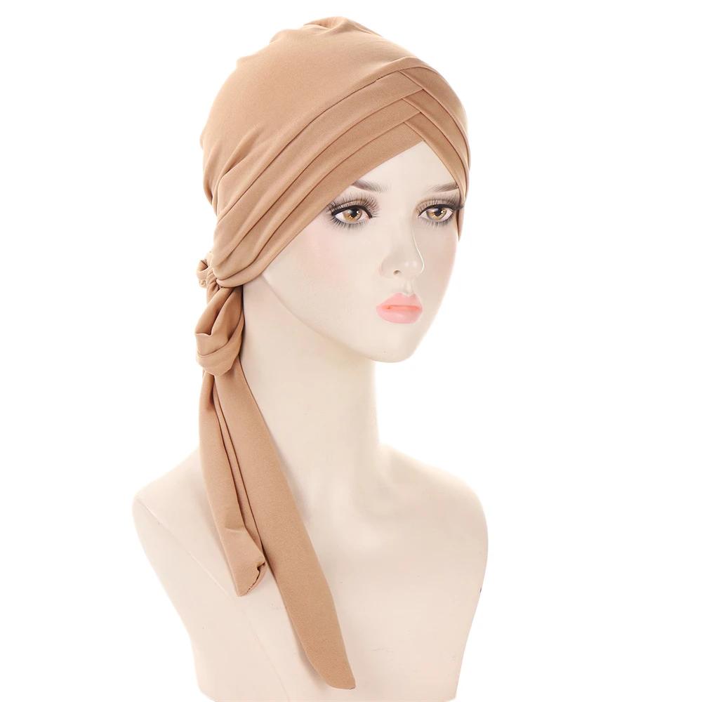 New Muslim Inner Hijab Turban Women Pre-Tied Cap Long Tail Headscarf Wrap Beanies Bonnet Head Scarf Stretch Headwear Ninja Hat