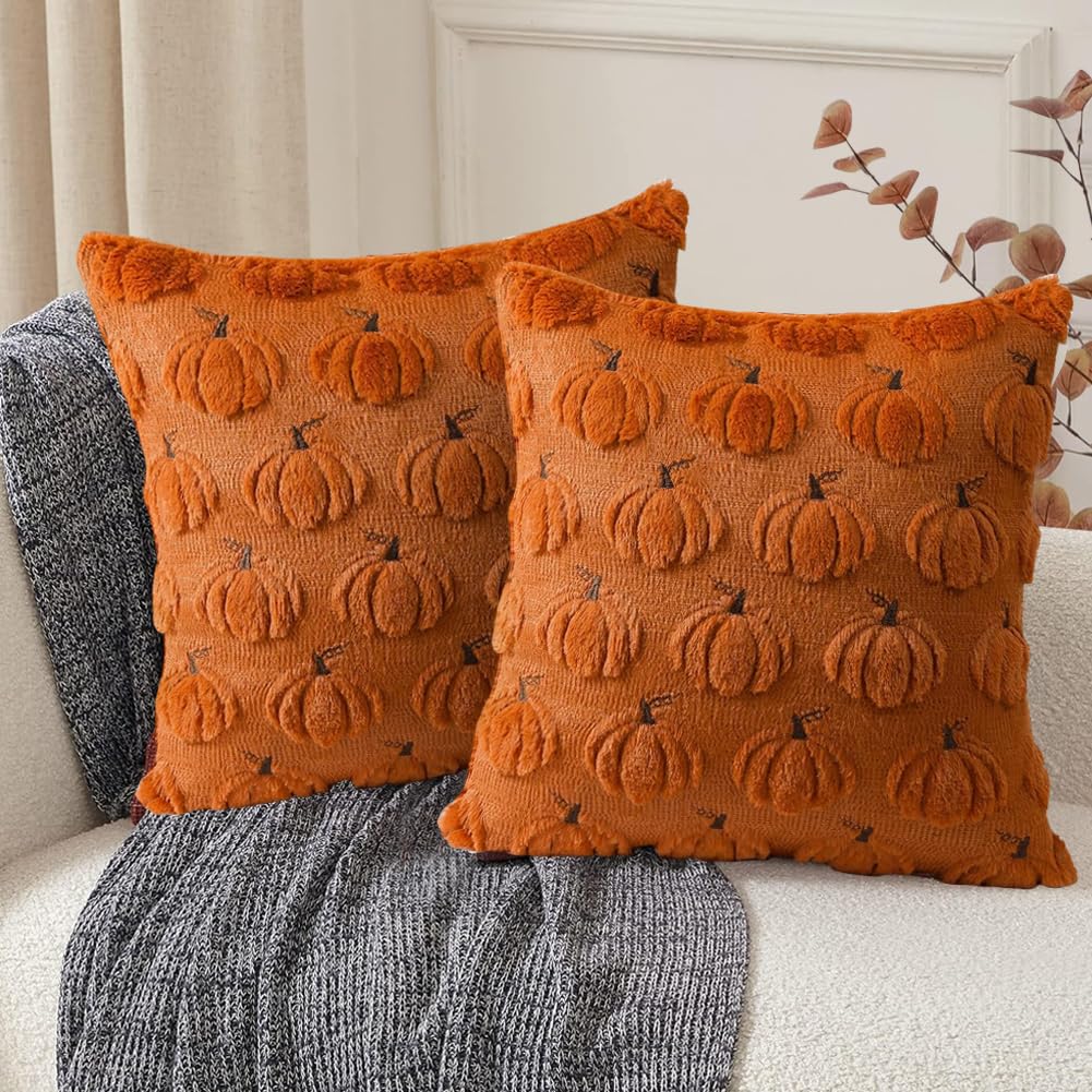 Fall Decorative Throwing Pillowcase 45x45CM Thanksgiving Autumn Harvest Pumpkin Faux Fur Cushion Cover, Sofa Bedroom Pillowcase