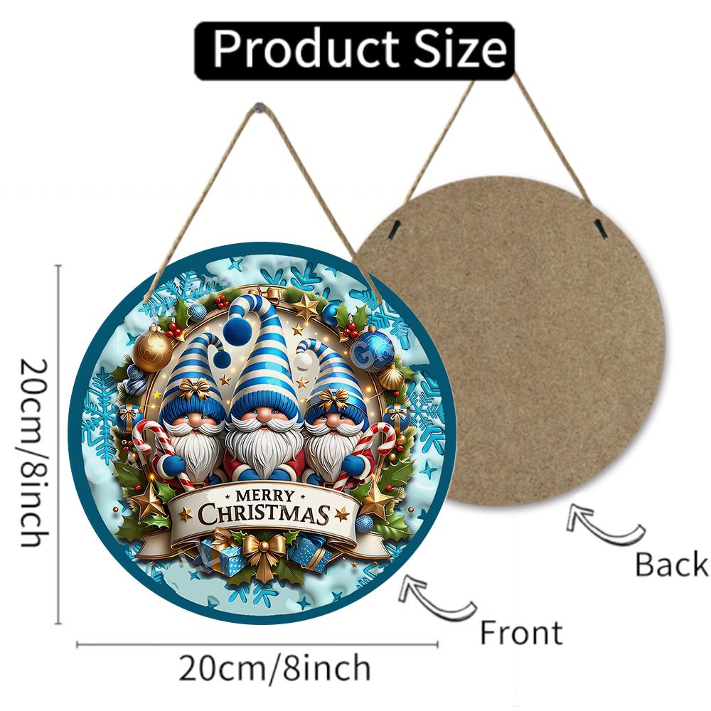 Blue Gnome Winter Holiday Sign Round Wooden Hanging Plaque Home Wall Decor Christmas Front Door Hanging Ornament Festive Gift Indoor Display