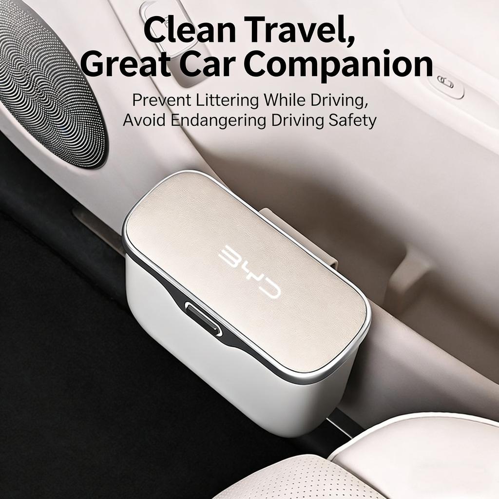 Car Trash Can with Button Lid for R All BYD Models (Han, Tang, Dolphin), Wet & Dry Dual-Use Car Storage Box & Bag