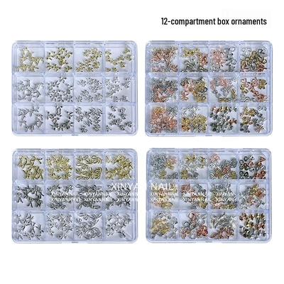 12-Grid Metal Alloy Nail Art Decorations Set: Butterfly & Bow Designs