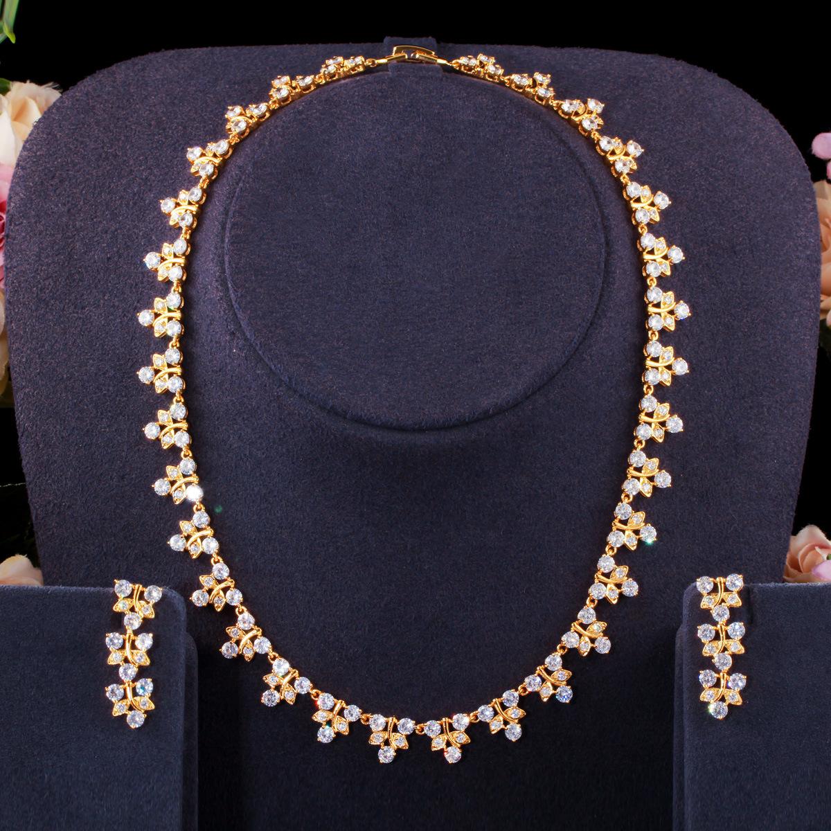 

Leaf Shape Zircon Bridal Wedding Gold Plating Two-Piece Banquet Dress Accessories Jewelry Set