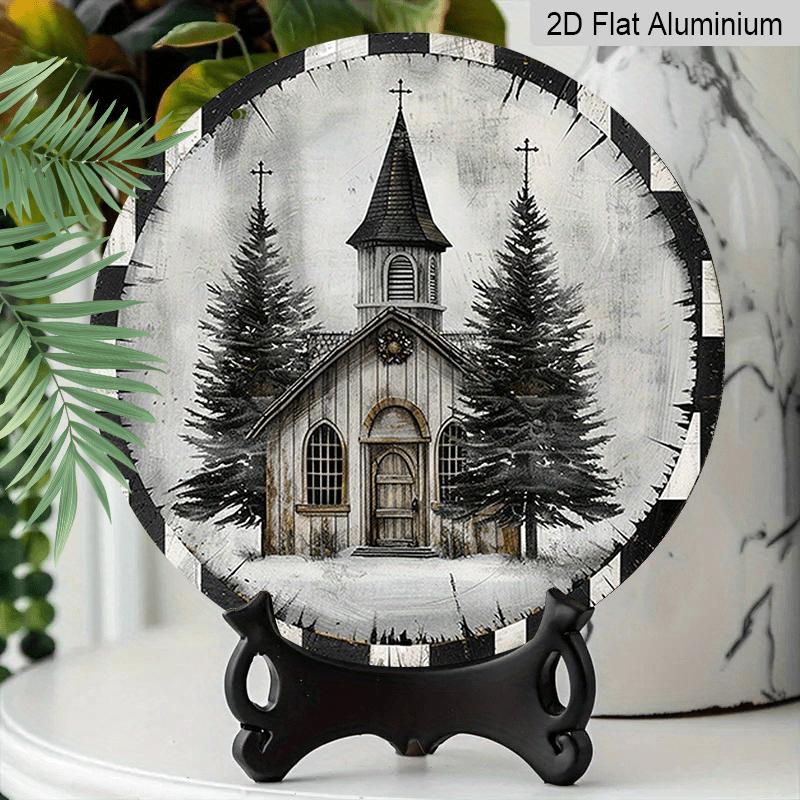 2D Flat, 1pc Round Aluminum Hanging Sign with a Rustic Style Featuring a Vintage Church And Christmas Tree Design - Easy To Hang Indoor Outdoor