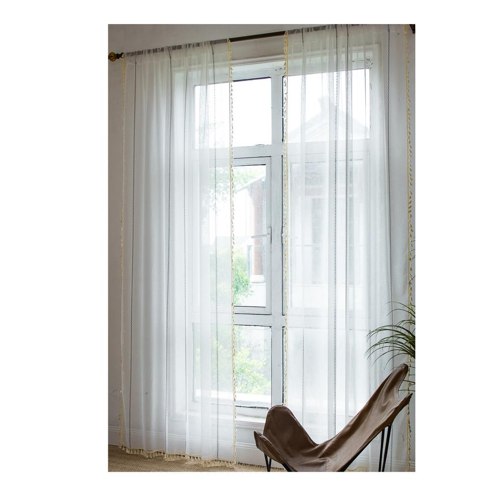Curtain Finished Living Room Bedroom Decoration American Rod Pocket Stripe Three-Dimensional White Window Screen Curtain