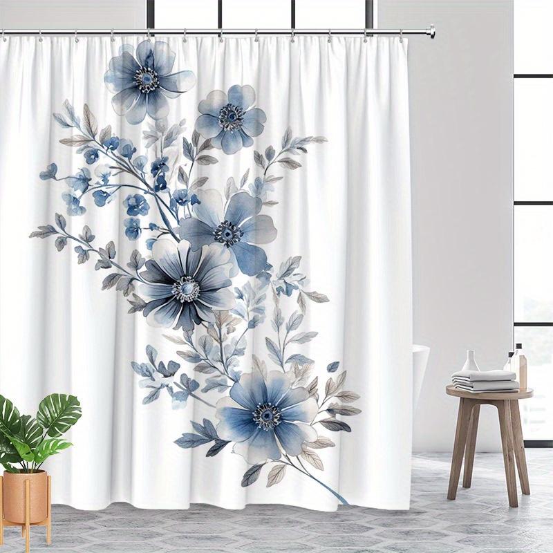 1pc Elegant Blue and White Floral Shower Curtain - Delicate Peonies and Star Flowers, Polyester, with Hooks, Machine Washable