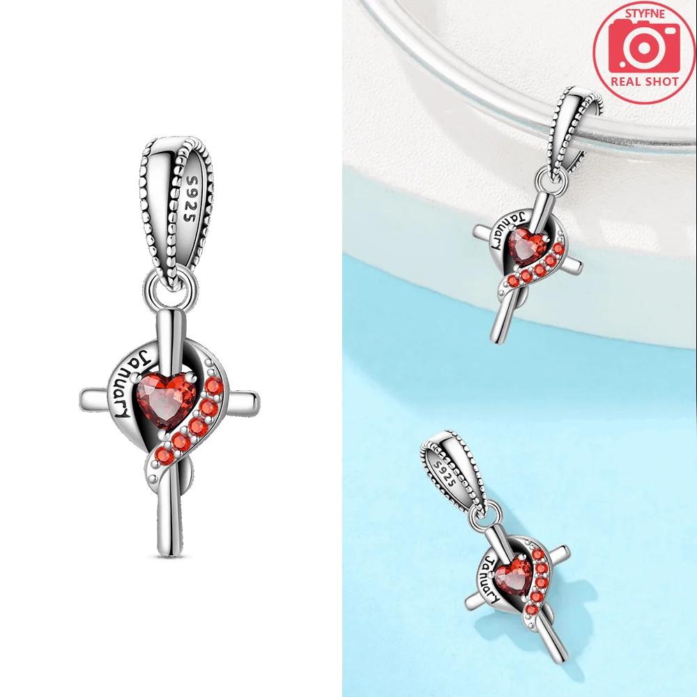 Women Pendant Original Red Zircon Birthstone Blue Gemstone Heart Cross Bead Fit Bracelet Copper Jewelry Accessory Charm Gift