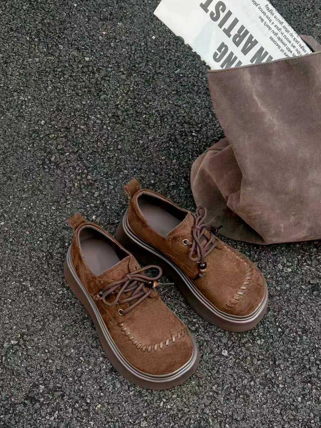 

2025 Осень Женская Мода Толстая Подошва Шнуровка Лоскутное Шитье Лоферы, Круглый Носок, Увеличивающие Рост 38