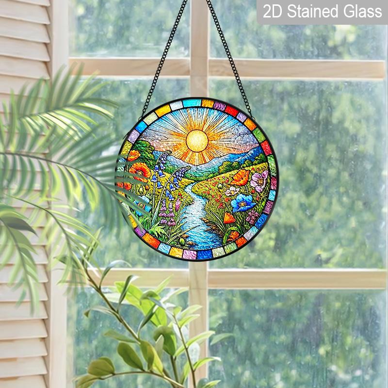 2D Flat Stained Glass Sun Flower Lakeside Window Decoration, 6.3/7.87inches Colored Glass Plate with Chain, Charming Indoor/Outdoor Sun Catcher Home