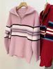 Autumn and winter new retro striped knitted jumper women's half zipper contrasting color loose casual college style sweater