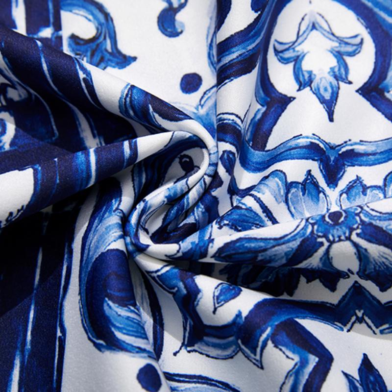 Elegant Porcelain Pattern Two Piece Set Women Flower Print Short Crop Top Pleated Maxi Skirt Suits Female Patchwork Vintage Strap Sets 2024