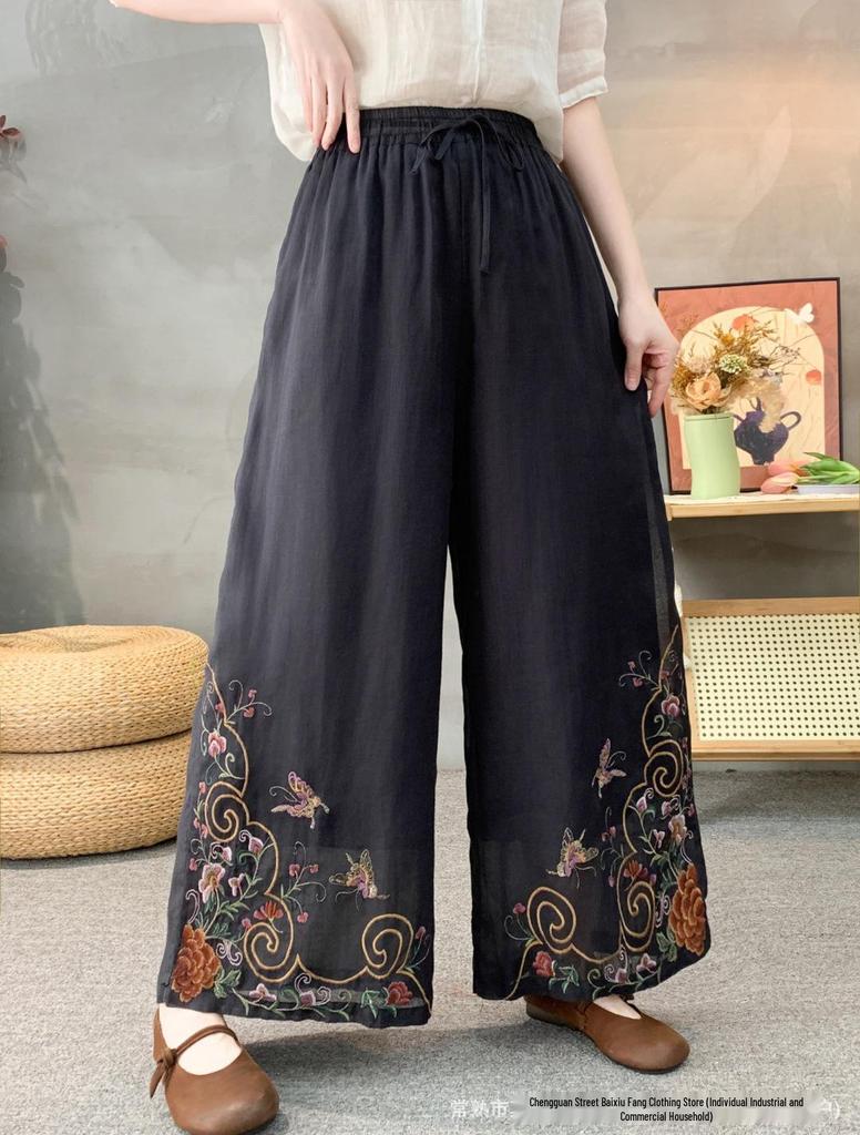 2026 Spring Women's Linen Embroidered Pants - Elastic Waist, Straight Leg, Casual and Versatile.