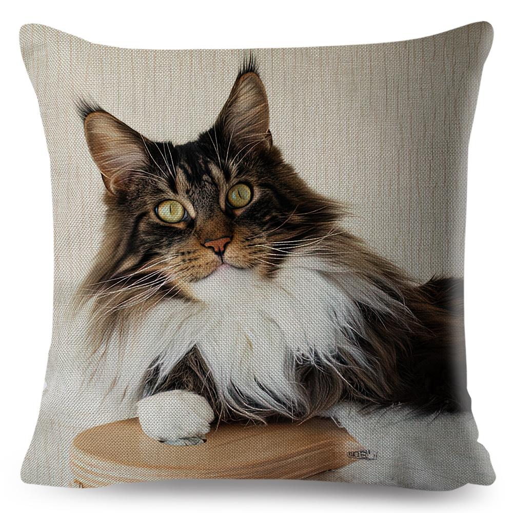 Maine Coon Cat Portrait Cushion Cover Realistic Animal Print Double Sided Soft Linen Home Decor Pillow Case