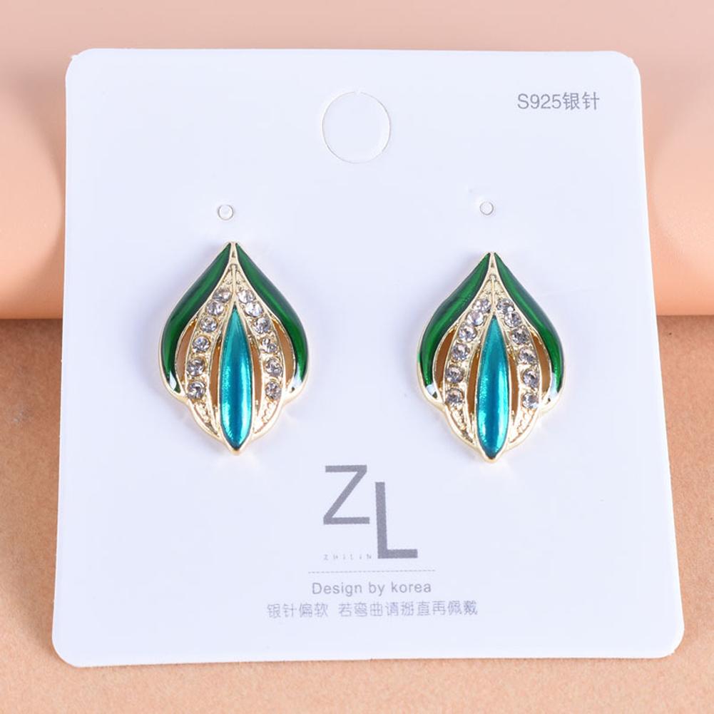 1 Pair of Women's Earrings Retro Style Leaf and Bud Colorful Glaze Diamond-mounted Ear Clip