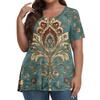 Women's Fashion Casual V-Neck Pullover Short Sleeve Large Size Vintage Printed Top