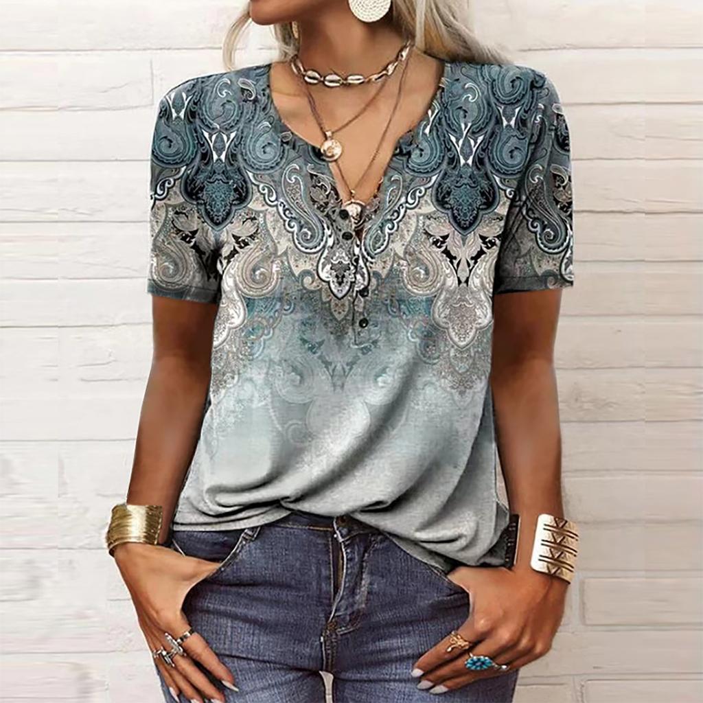 Women's Fashion Casual V-neck Short Seeve Ethnic Printing Button Loose Top