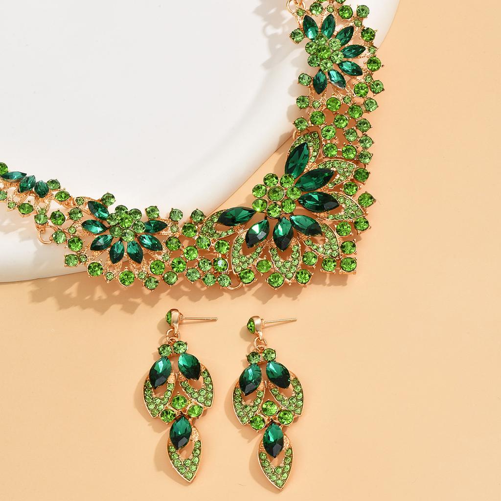 Vintage Necklace Earrings Set Women Leaves Flowers Rhinestone Bridal Accessories