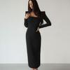 European and American Women's Clothing Square Collar Temperament Long Sleeve Slim-Fit Black Dress