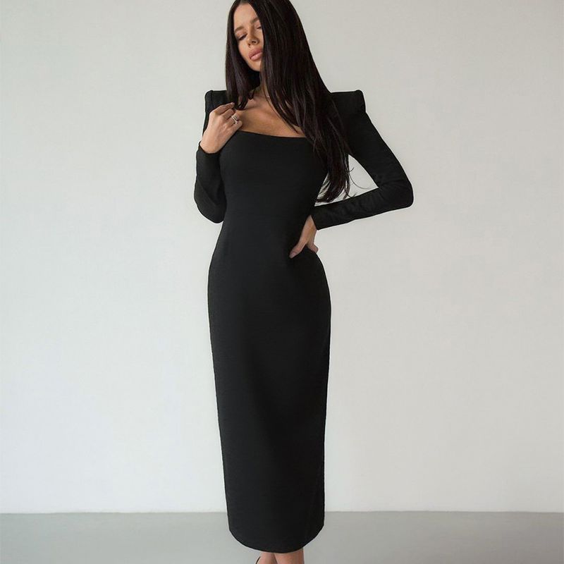European and American Women's Clothing Square Collar Temperament Long Sleeve Slim-Fit Black Dress