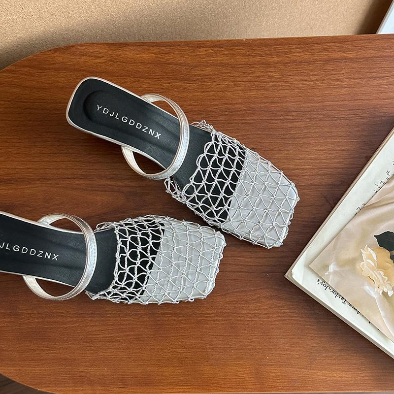 Fashion Niche Fishing Net Woven Hollow Sandals for Women In Summer 2025 New Style with Skirt Block Heel Square Toe Muller Semi-slippers