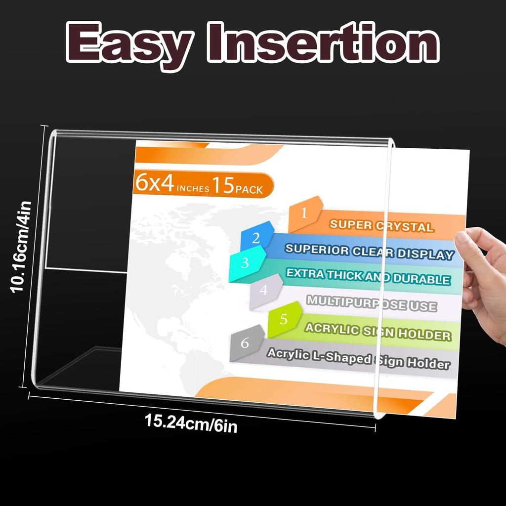 6 x 4 Inch Acrylic Sign Holder, 15 Pcs L Shape Clear Slant Back Sign Holders, Plastic Paper Sign Holder Stand, Clear Picture Frame Acrylic Stands for