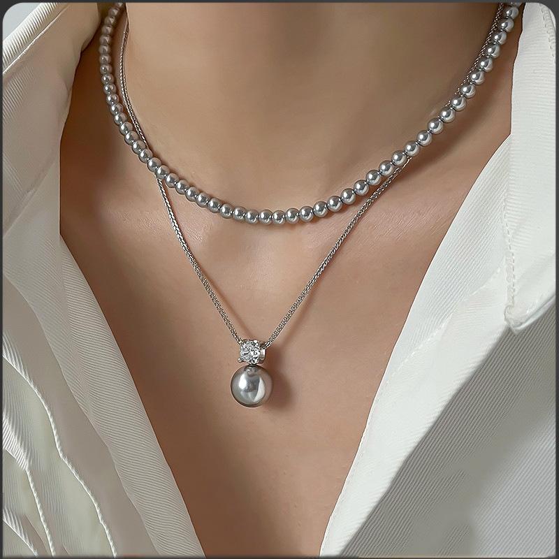 Classic Elegant Silver Single Shiny Zircon Round Grey White Pearl Pendant Necklaces for Women Collarbone Chain Jewelry