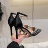Fashion Bride Wedding Shoes Black White Satin Rhinestone Tassels High Heel Sandals Ankle Strap Women's 7/9CM Heels Sandalias De Mujer