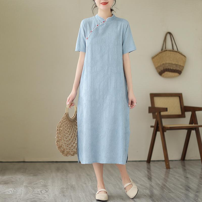 2025 Summer New Solid Color Temperament Cotton and Linen Dress Women's Diagonal Open Placket Stand-up Collar Short-sleeved Cheongsam Skirt