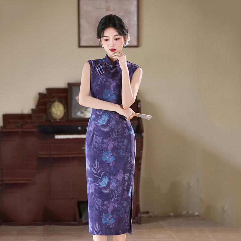 Purple sleeveless national style new Chinese daily Suzhou long cheongsam improved young 1011 new women's high sense