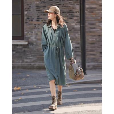 Demana Casual Long Sleeve Denim Dress with Tie Waist