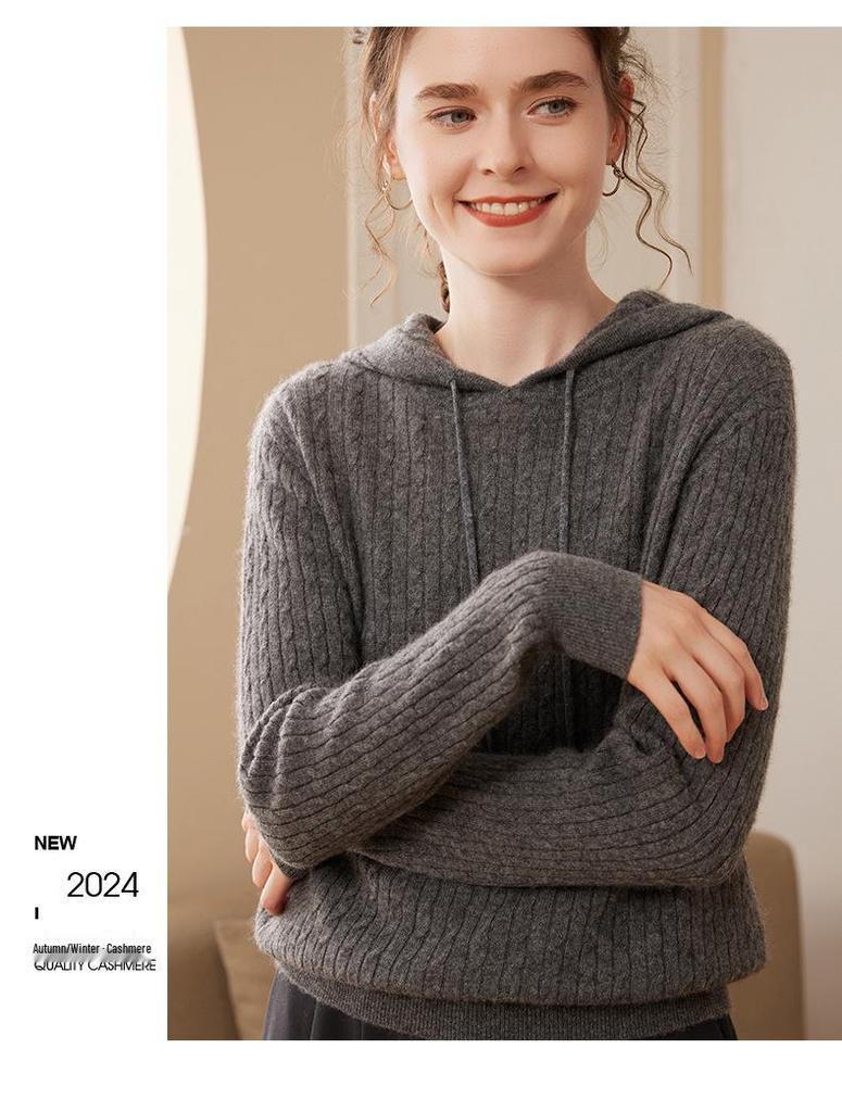 Women's Cable Knit Cashmere Hoodie: Loose, Soft, Warm, Long-Sleeve Pullover for Autumn and Winter