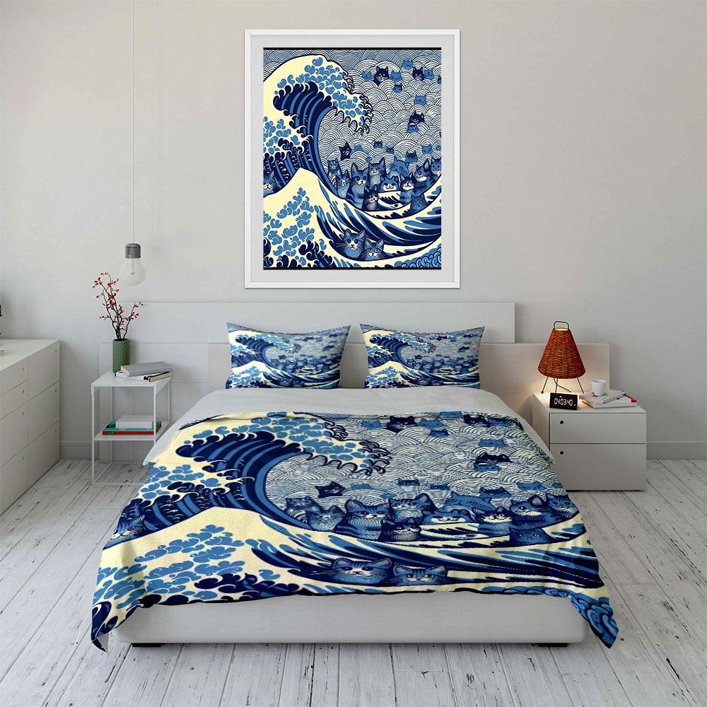 Ocean Wave Cats Art Prints Bedding Set with 1 Duvet Cover 2 Pillowcases Single Double King Queen, Gift