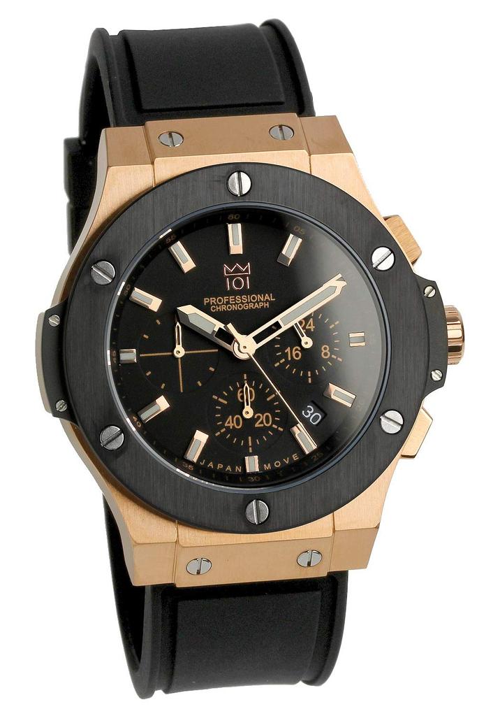 Uhr 100m wasserdicht Chronograph Datumsanzeige Kautschukarmband schwarz x Roségold [HYAKUICHI 101] Herren