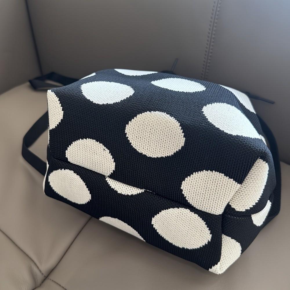 Lightweight Polka Dot Bucket Bag Patterned Drawstring Purse Shoulder Satchel Knit Tote Beach