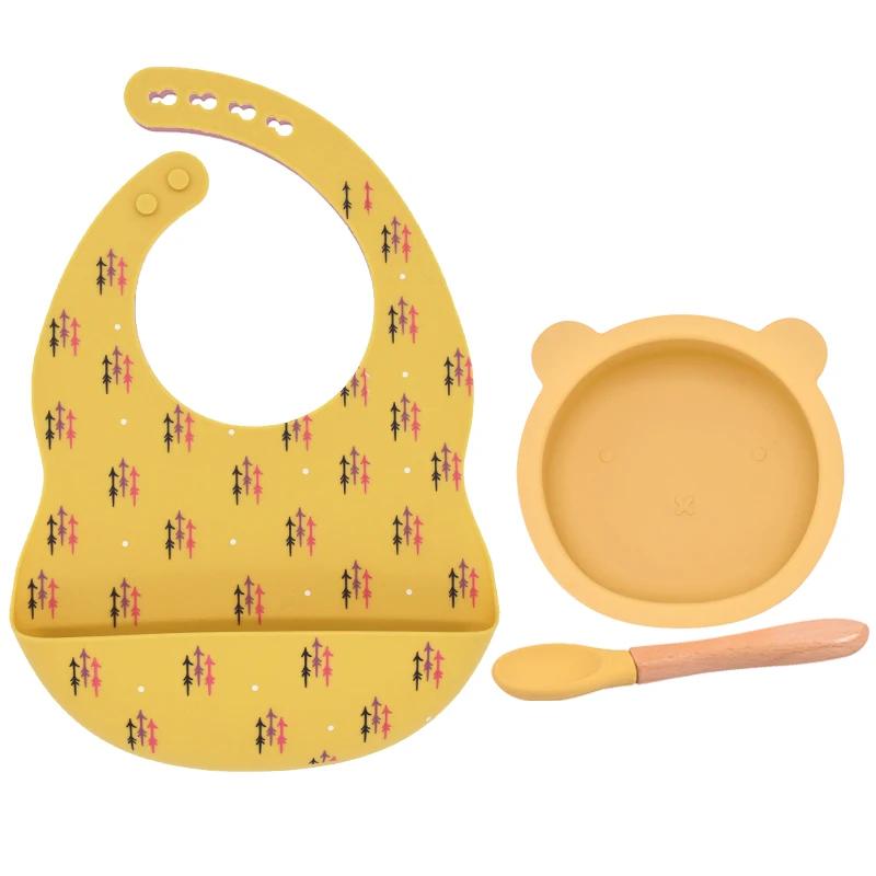 3Pcs/Set Baby Bibs Bowl Spoon Set Food Grade Silicone Baby Waterproof Plate Baby Tableware Toddler Feeding BPA FREE